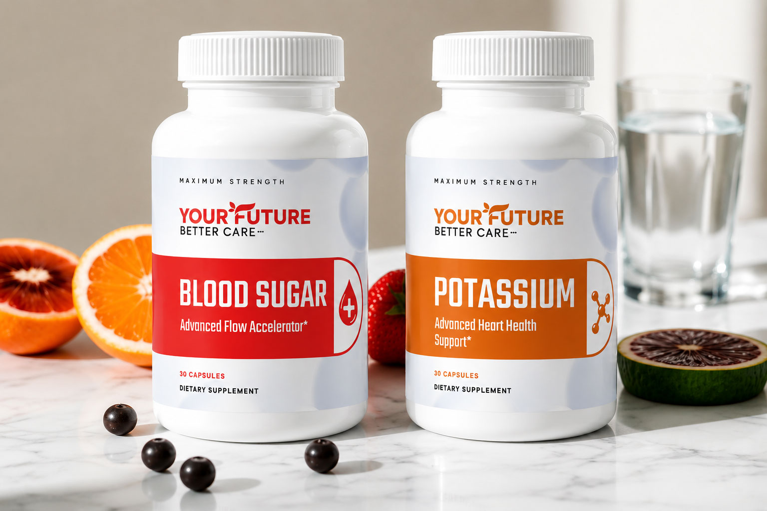 Vitalura supplement bottles on marble